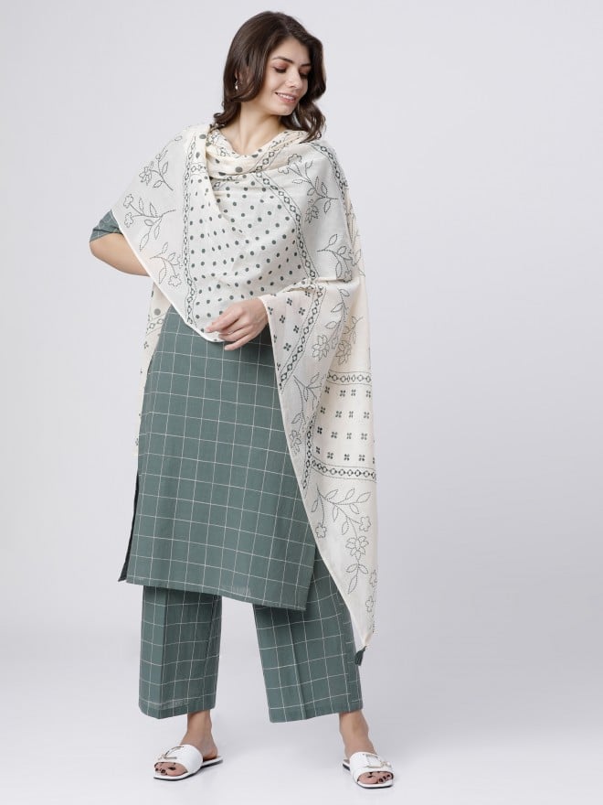 Vishudh Women Green Checked Kurta Sets 